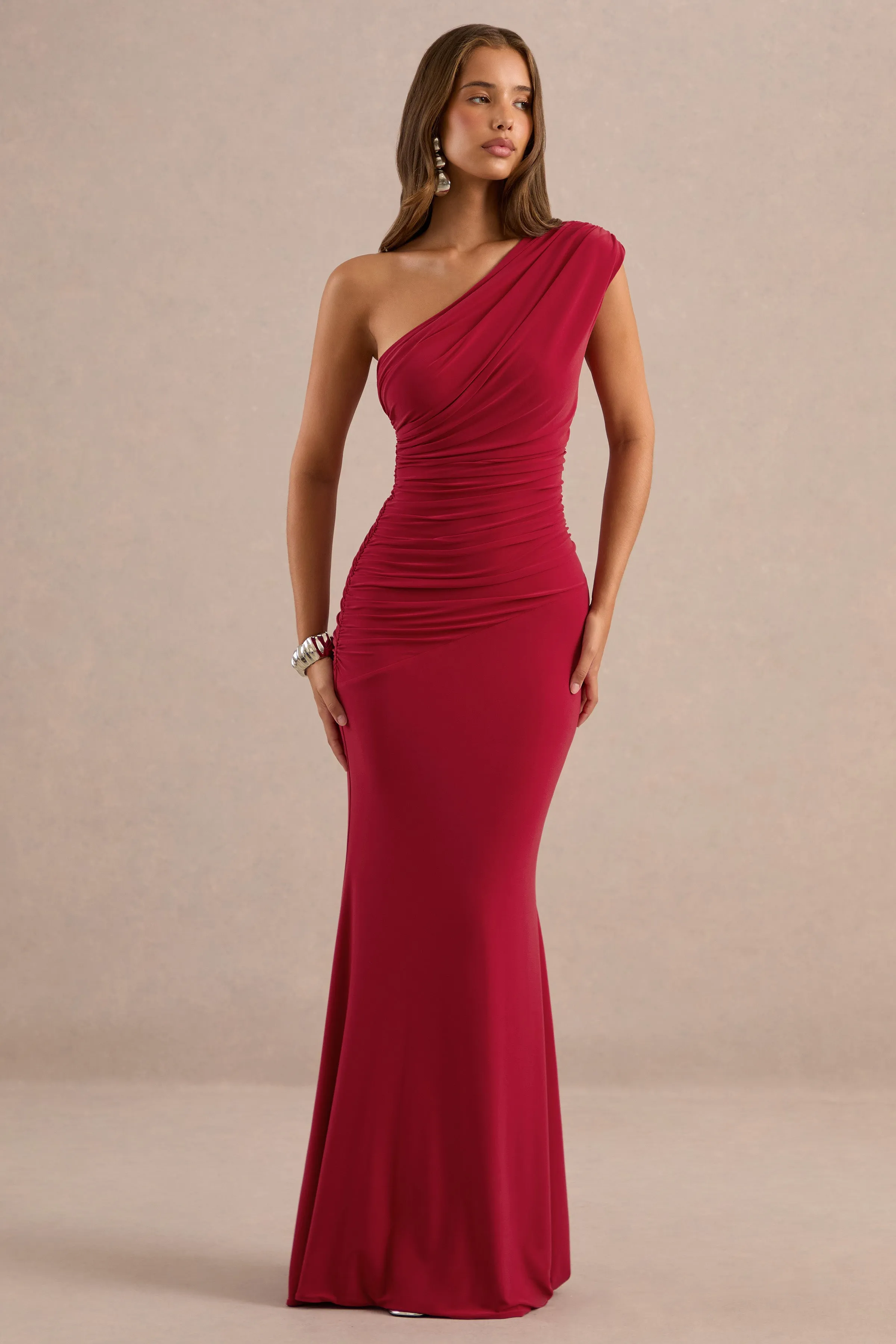 Mardi | Red Asymmetric Maxi Dress With Ruching sold by Club L London