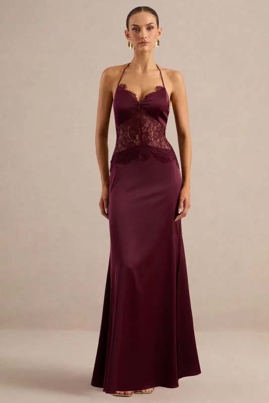 Kalira | Burgundy Satin V Neck Maxi Dress With Tie Back And Sheer Lace Detailing made by Club L London