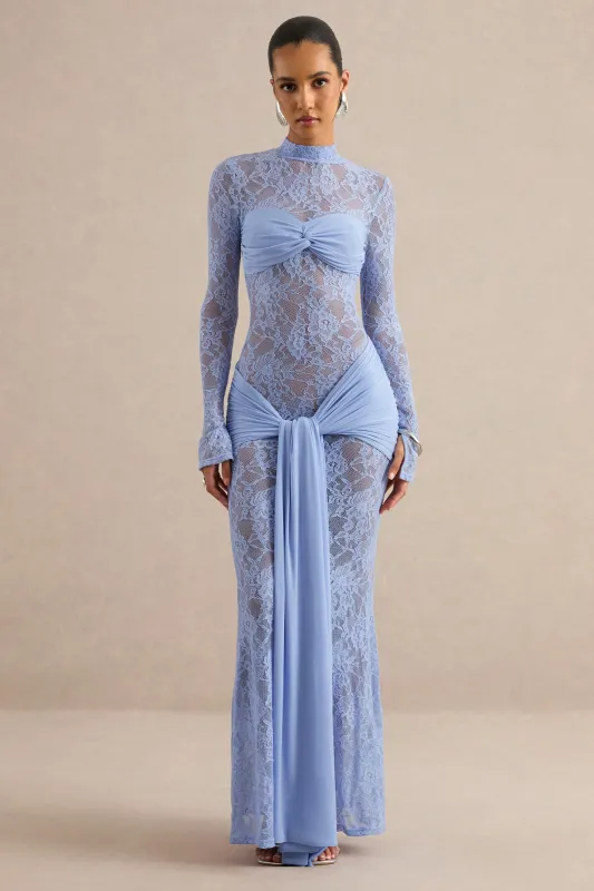 Akira | Light Blue Sheer Lace High Neck Long Sleeve Maxi Dress With Gathered Detailing And Sash made by Club L London