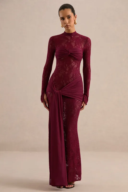 Akira | Red Sheer Lace High Neck Long Sleeve Maxi Dress With Gathered Detailing And Sash made by Club L London