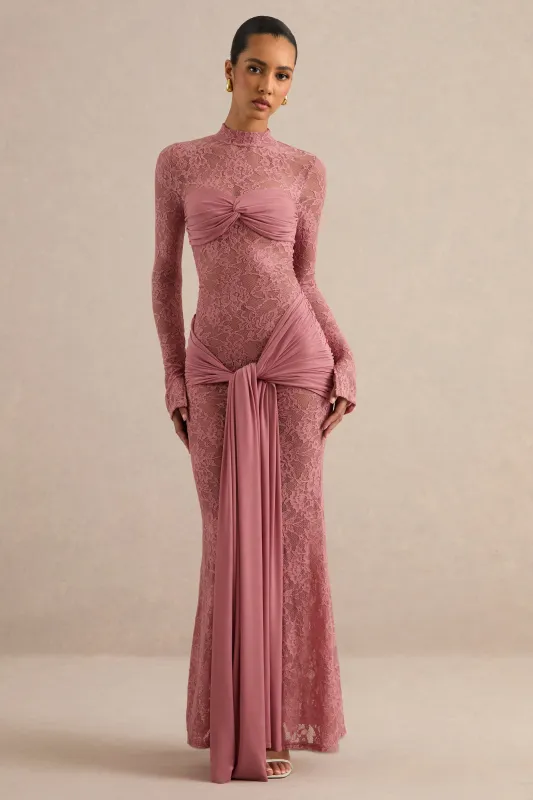 Akira | Blush Sheer Lace High Neck Long Sleeve Maxi Dress With Gathered Detailing And Sash made by Club L London