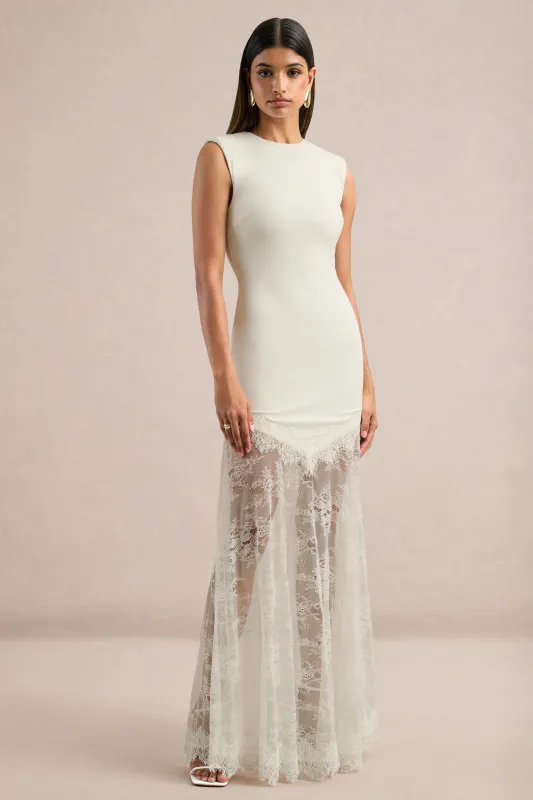 Fianna | White Jersey High Neck Maxi Dress With Sheer Lace Detailing made by Club L London