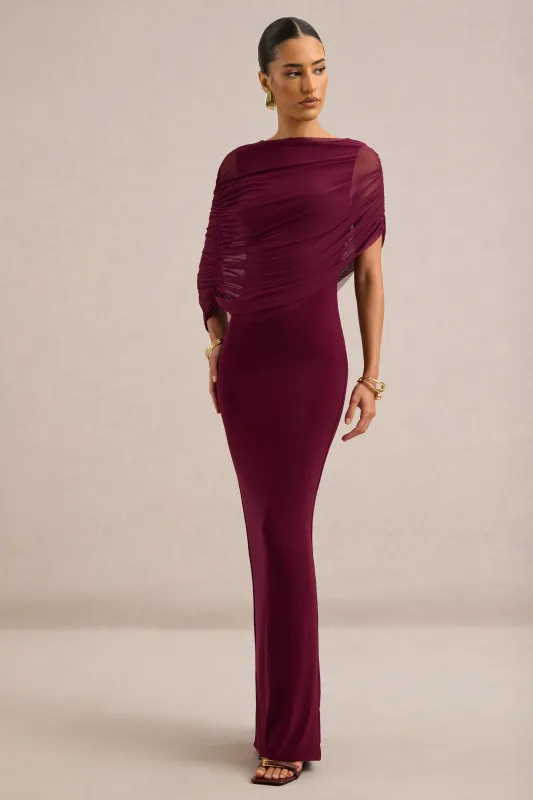 Ciana | Burgundy Jersey Ruched Round Neck Short Sleeve Maxi Dress With Draped Detailing And Back Split made by Club L London