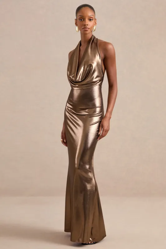 Melitta | Gold Metallic Cowl Maxi Dress With Open Back made by Club L London