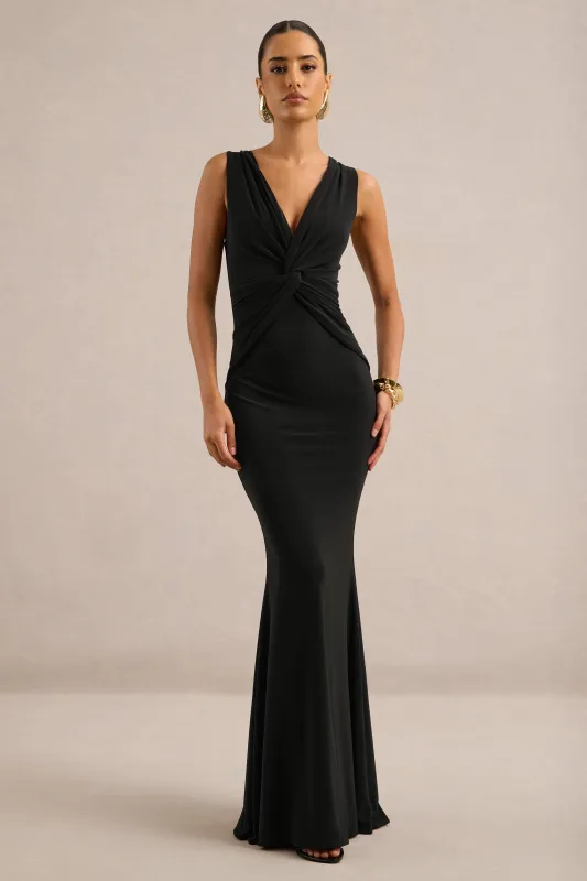 Holly | Black Jersey Plunge Maxi Dress With Twist Detailing made by Club L London