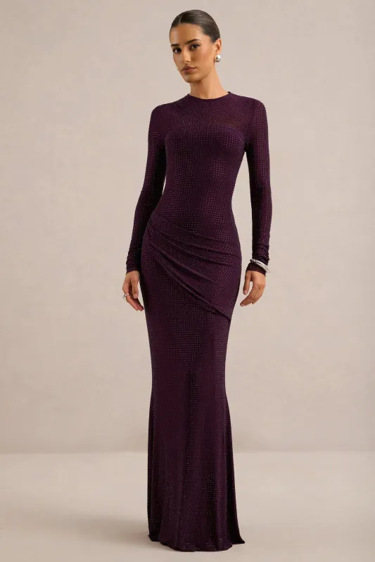 Alvena | Purple Embellished Jersey High Neck Long Sleeve Maxi Dress With Draped Detailing made by Club L London
