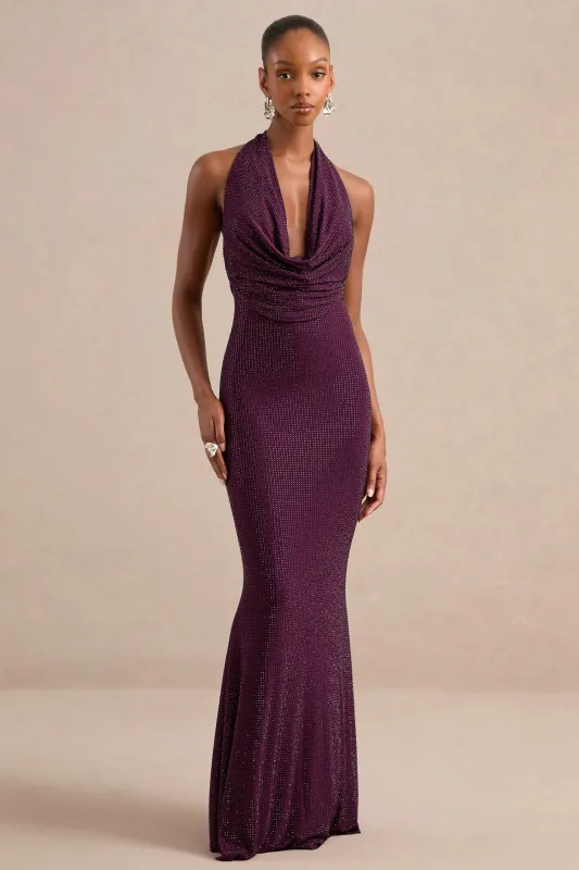 Aleia | Purple Embellished Plunge Maxi Dress With Low Back made by Club L London