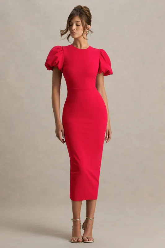 Dakota | Red Puff Sleeve Midi Dress With Back Split made by Club L London