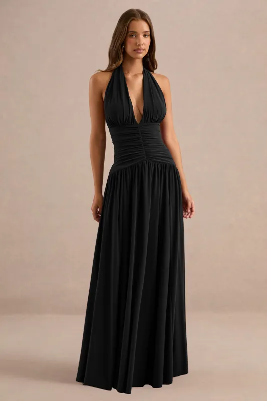 Bettina | Black Jersey Plunge Maxi Dress With Gathered Detailing And Tie Back made by Club L London