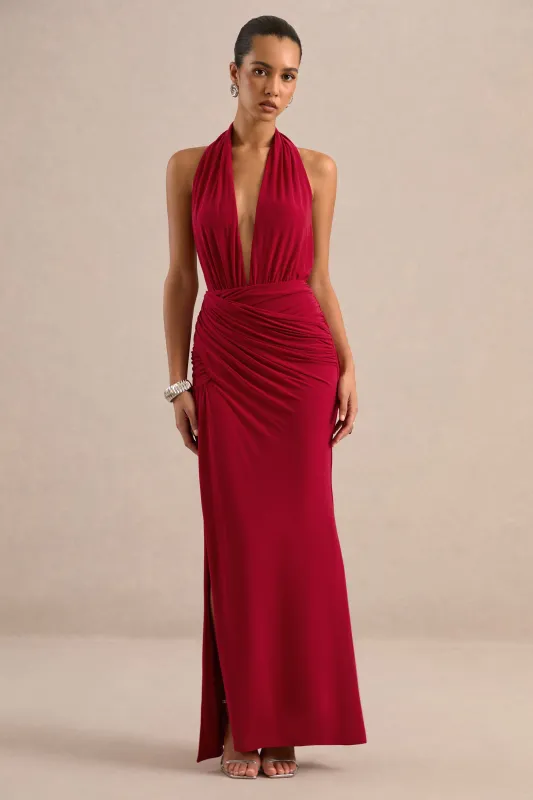 Tilly | Red Jersey Ruched Plunge Wrap Maxi Dress With Open Back And Split made by Club L London