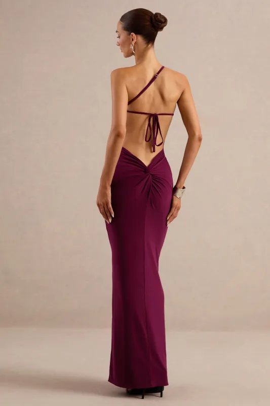 Dressing Up | Burgundy Jersey One Shoulder Maxi Dress With Twist Open Back Detail And Split made by Club L London