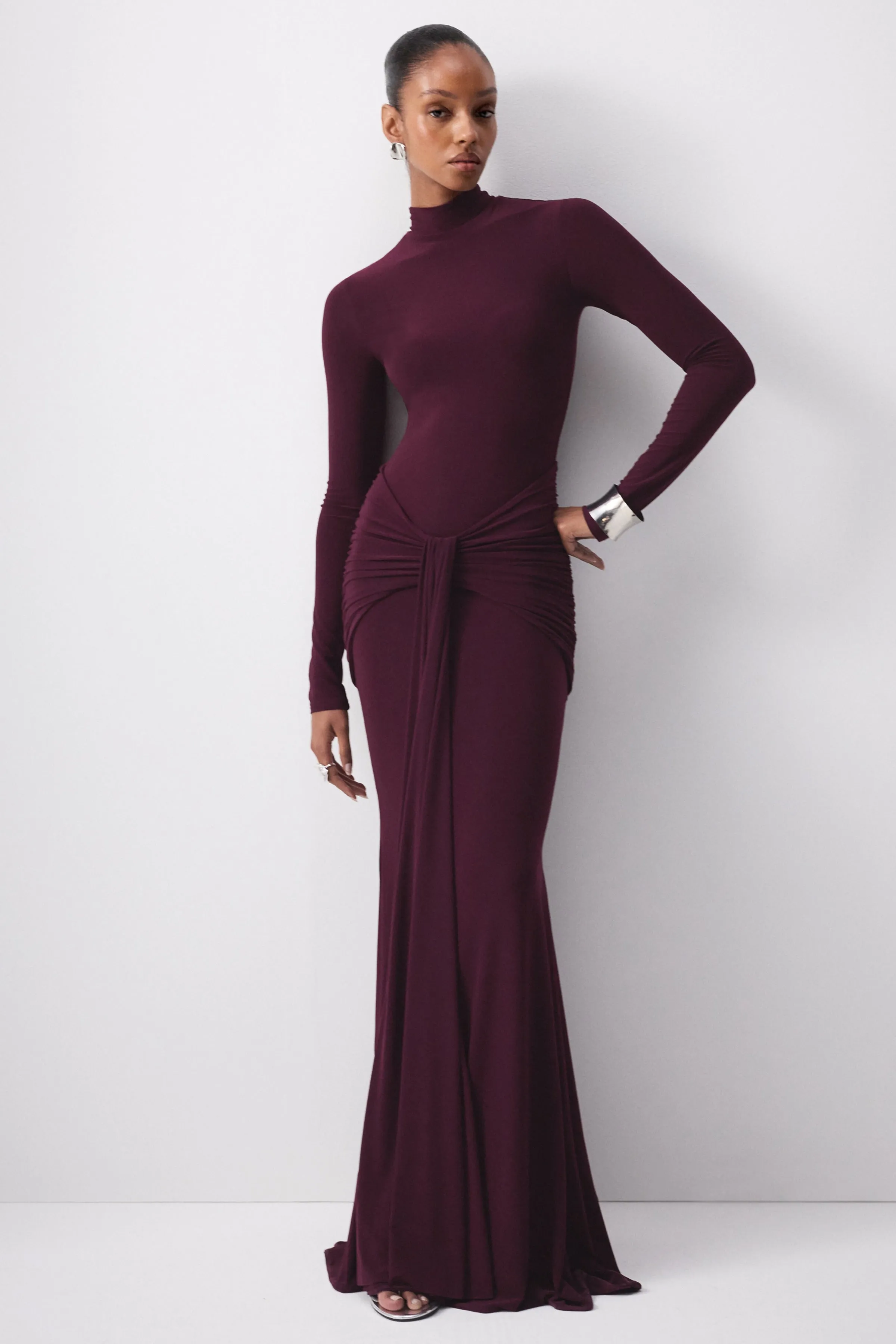 Seraphita | Purple Jersey High Neck Long Sleeve Maxi Dress With Gathered Detailing And Sash sold by Club L London
