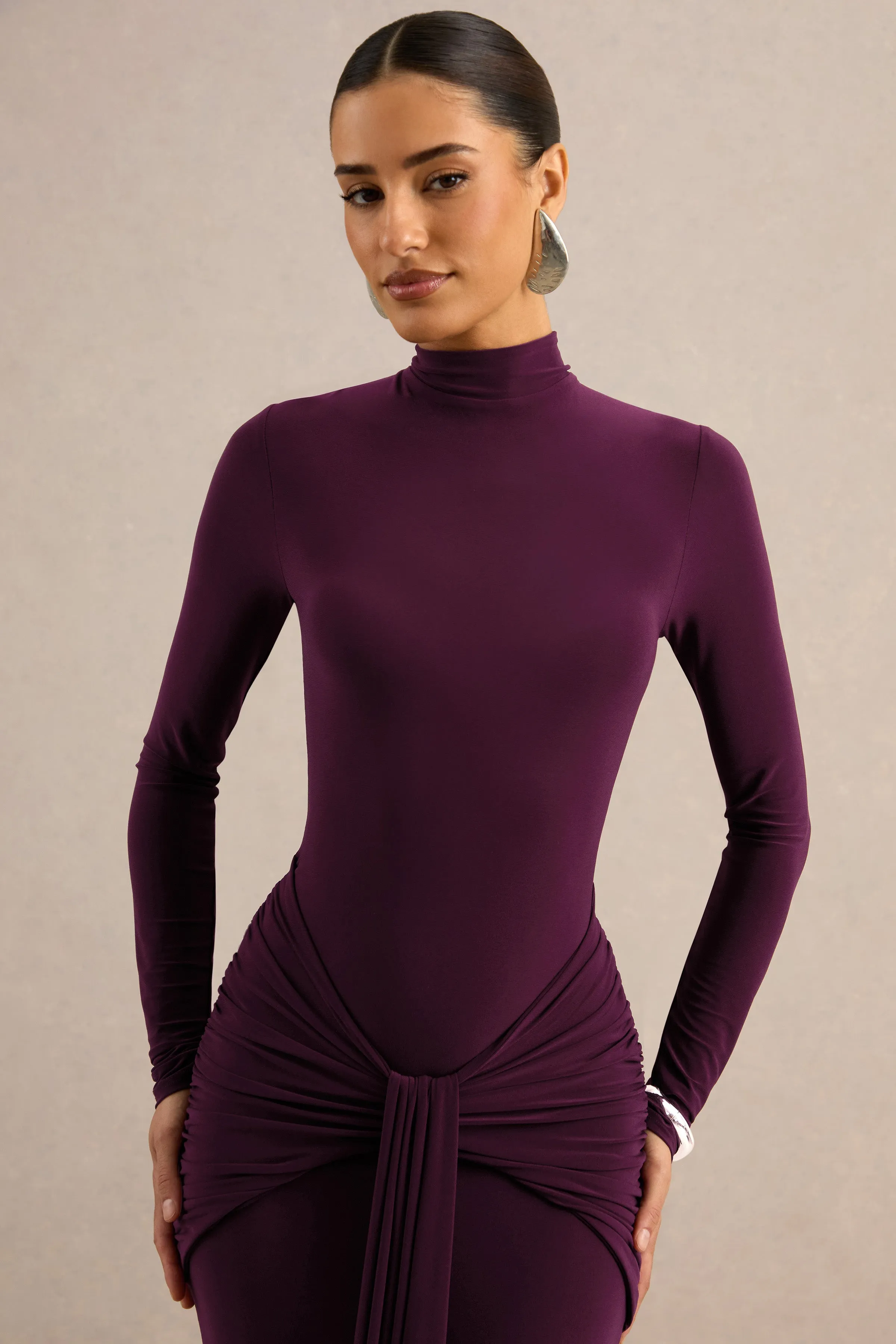 Seraphita | Purple Jersey High Neck Long Sleeve Maxi Dress With Gathered Detailing And Sash sold by Club L London product image thumbnail 5