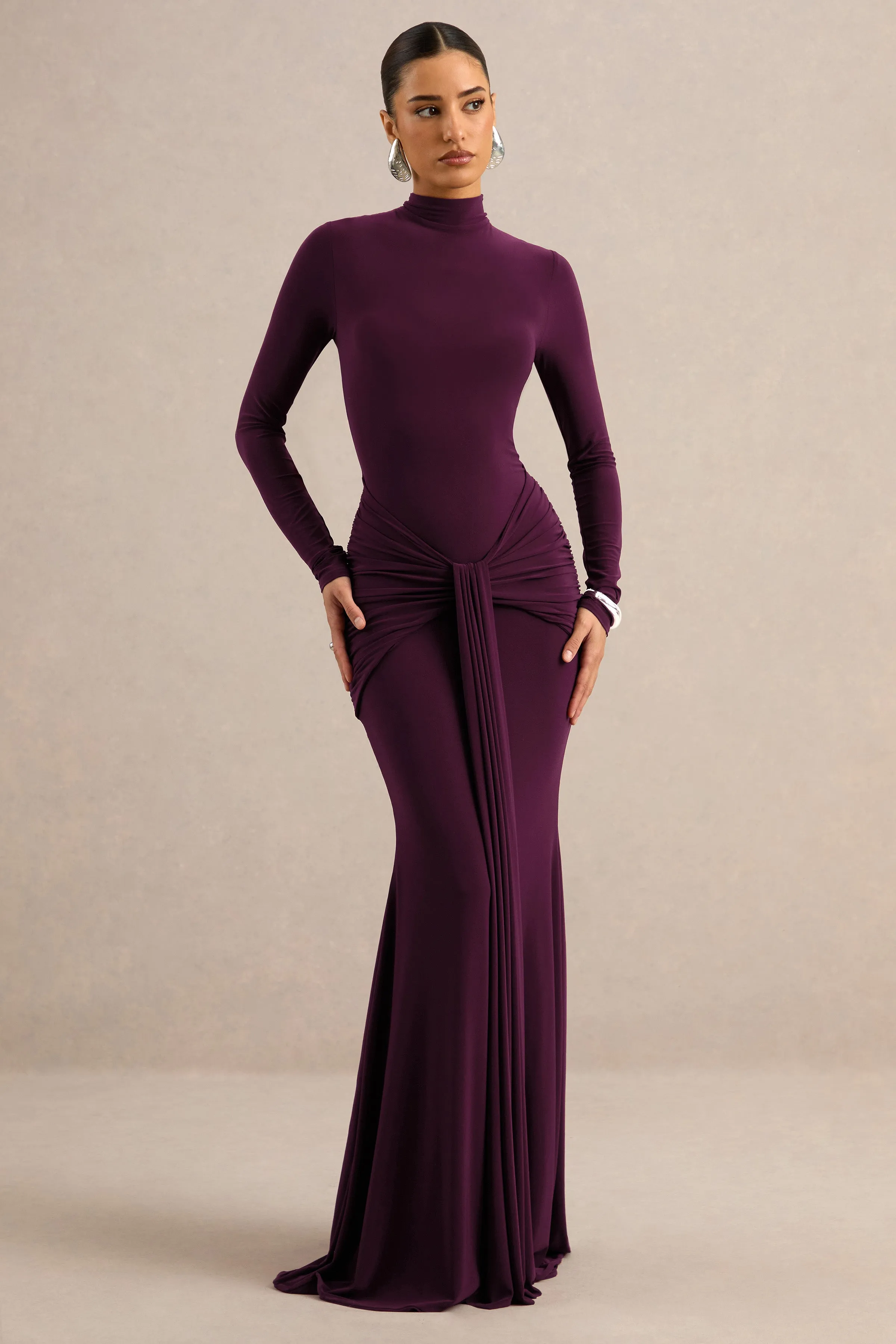 Seraphita | Purple Jersey High Neck Long Sleeve Maxi Dress With Gathered Detailing And Sash sold by Club L London product image thumbnail 2