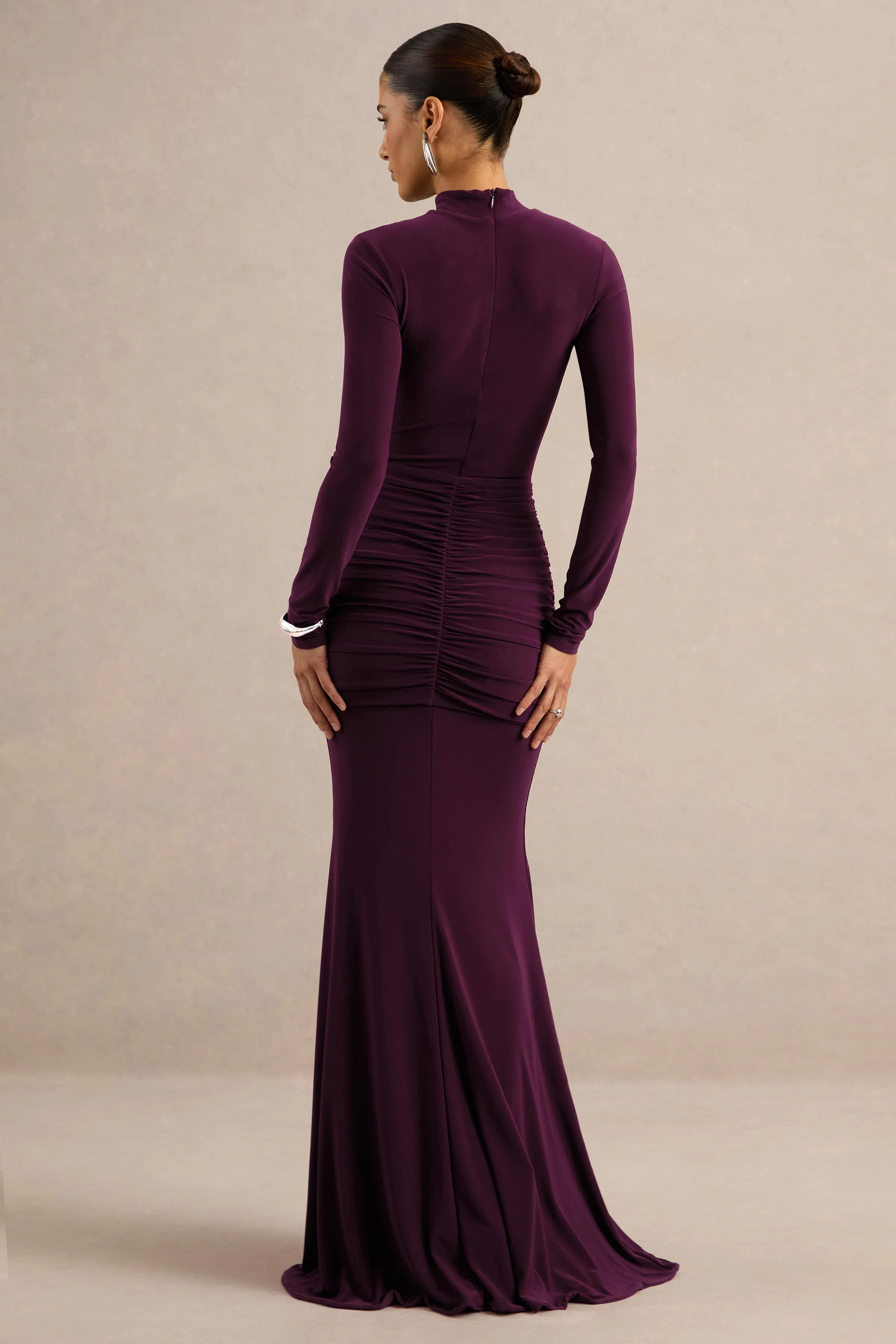 Seraphita | Purple Jersey High Neck Long Sleeve Maxi Dress With Gathered Detailing And Sash sold by Club L London product image thumbnail 3