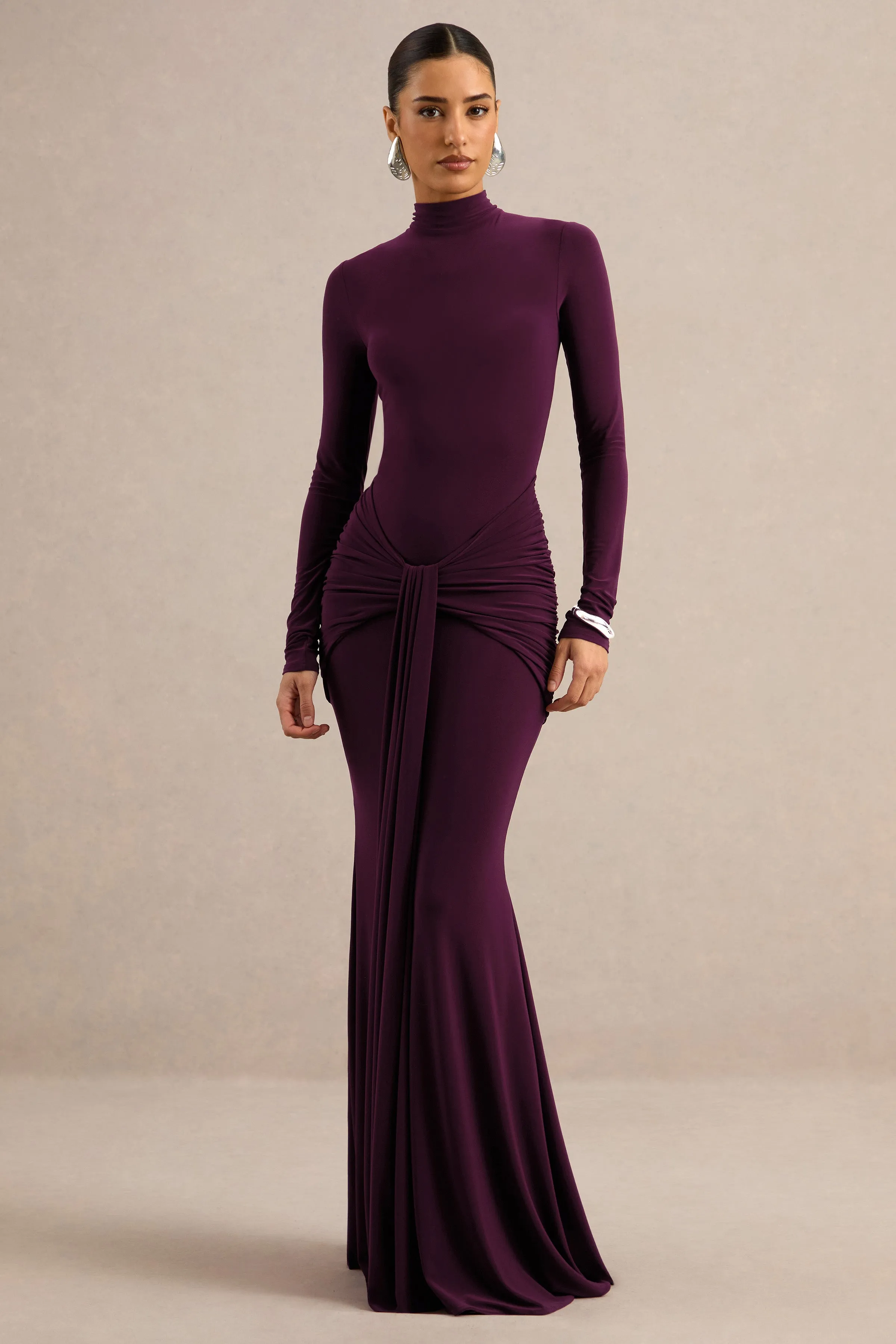 Seraphita | Purple Jersey High Neck Long Sleeve Maxi Dress With Gathered Detailing And Sash sold by Club L London product image thumbnail 4