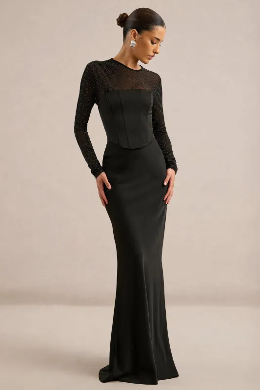 Ellerie | Black Satin Round Neck Maxi Dress With Embellished Mesh Long Sleeves And Boning made by Club L London