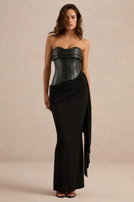 Helaina | Black Faux Leather Bandeau Maxi Dress With Ruching And Draped Detailing made by Club L London