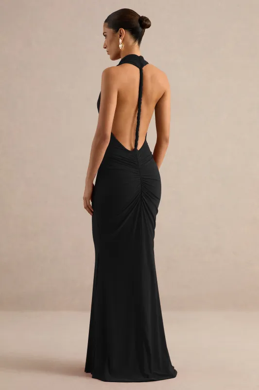 Lyrielle | Black Jersey High Neck Maxi Dress With Ruching And Twist Back Detail made by Club L London
