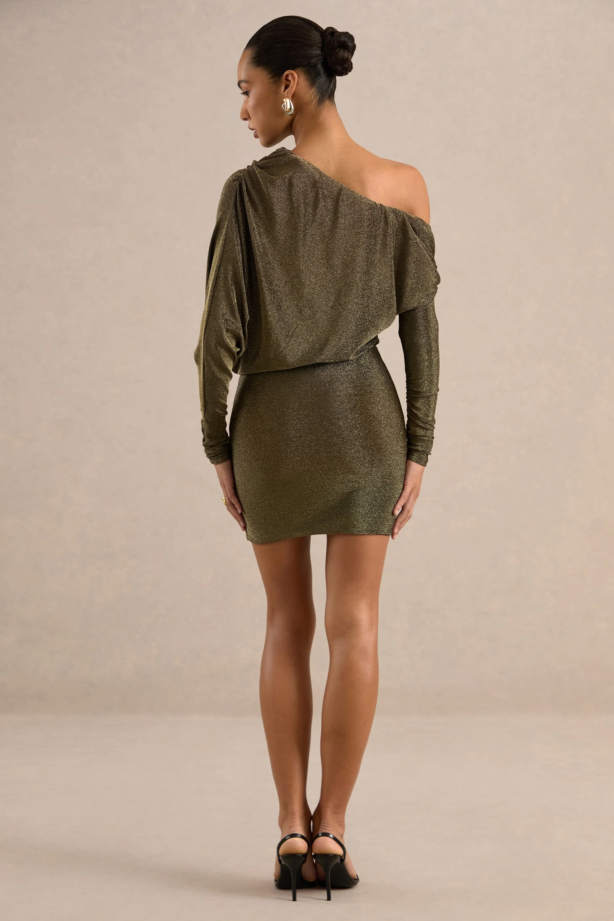 Aphea | Bronze Glitter One Shoulder Long Sleeve Mini Dress With Draped Detailing sold by Club L London product image thumbnail 2