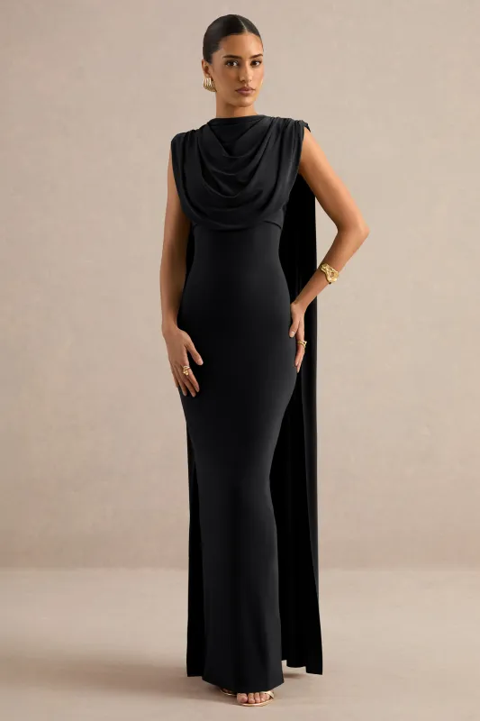 Hanina | Black Jersey Round Neck Maxi Dress With Draped Detailing And Back Cape Sleeves made by Club L London