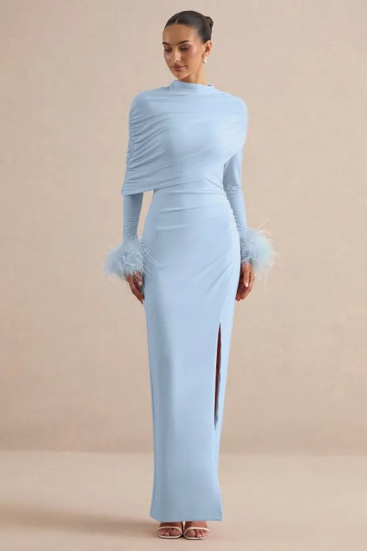 Gatsby | Light Blue High-Neck Maxi Dress With Feather Trim Cuffs made by Club L London