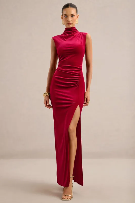 Abilene | Red Velvet High Neck Maxi Dress With Gathered Detailing And Split made by Club L London