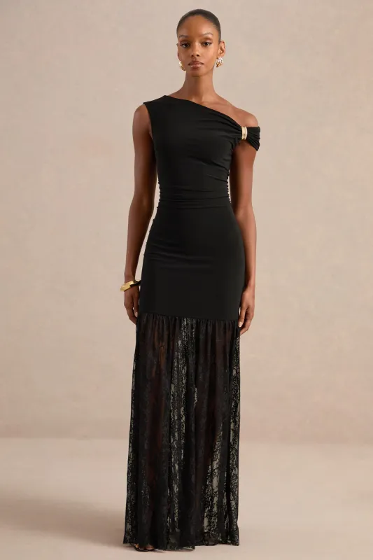 Iolana | Black Jersey One Shoulder Maxi Dress With Lace Skirt and Gold Detailing made by Club L London