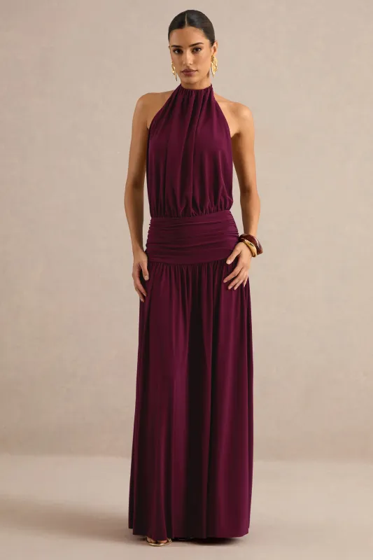 Hilarie | Burgundy Jersey Ruched High Neck Maxi Dress With Open Back made by Club L London