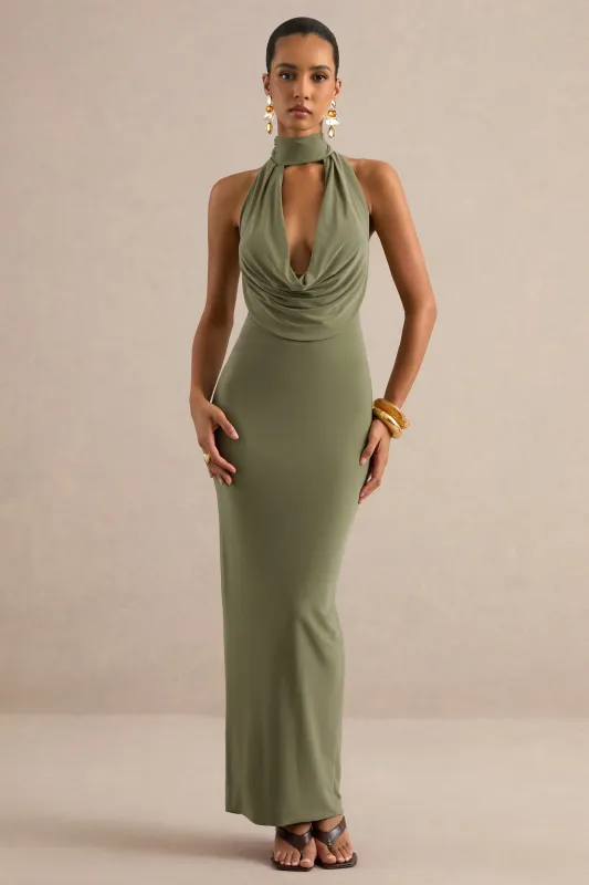 Lucianae | Olive Jersey Cowl Maxi Dress With Open Back And Back Split made by Club L London