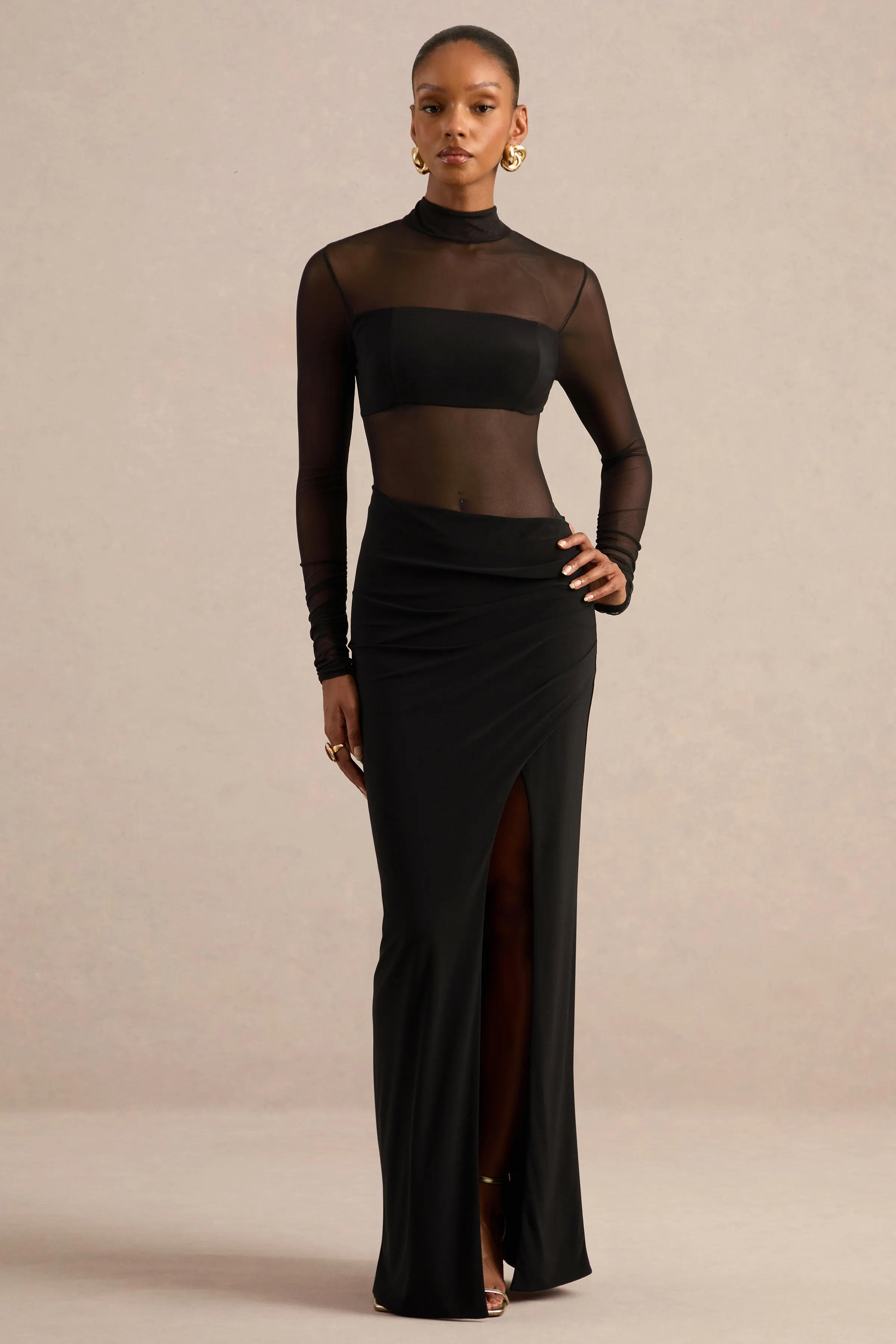 Asaira | Black Jersey High Neck Long Sleeve Maxi Dress With Sheer Detailing And Split sold by Club L London product image thumbnail 5