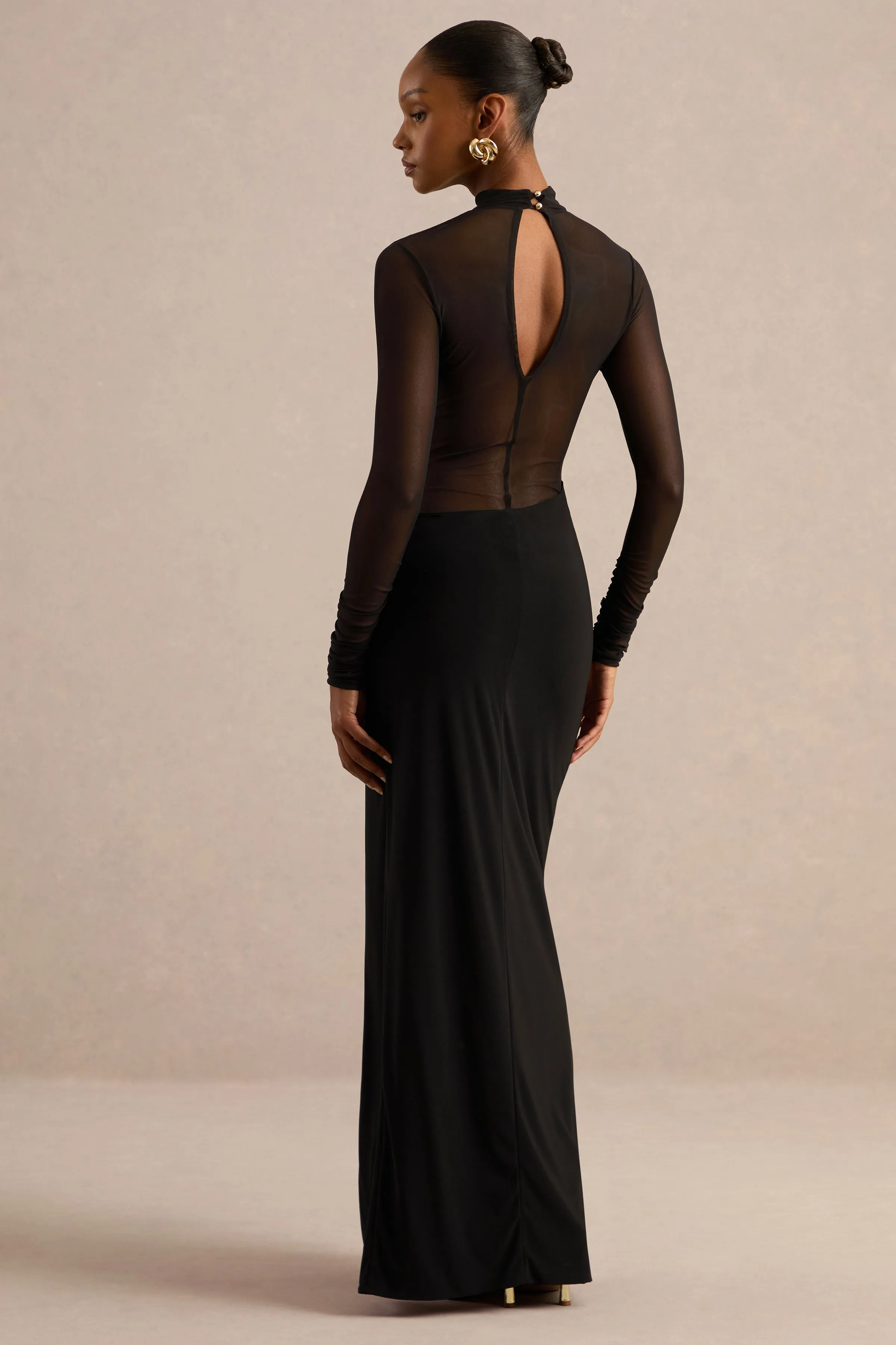 Asaira | Black Jersey High Neck Long Sleeve Maxi Dress With Sheer Detailing And Split sold by Club L London product image thumbnail 2