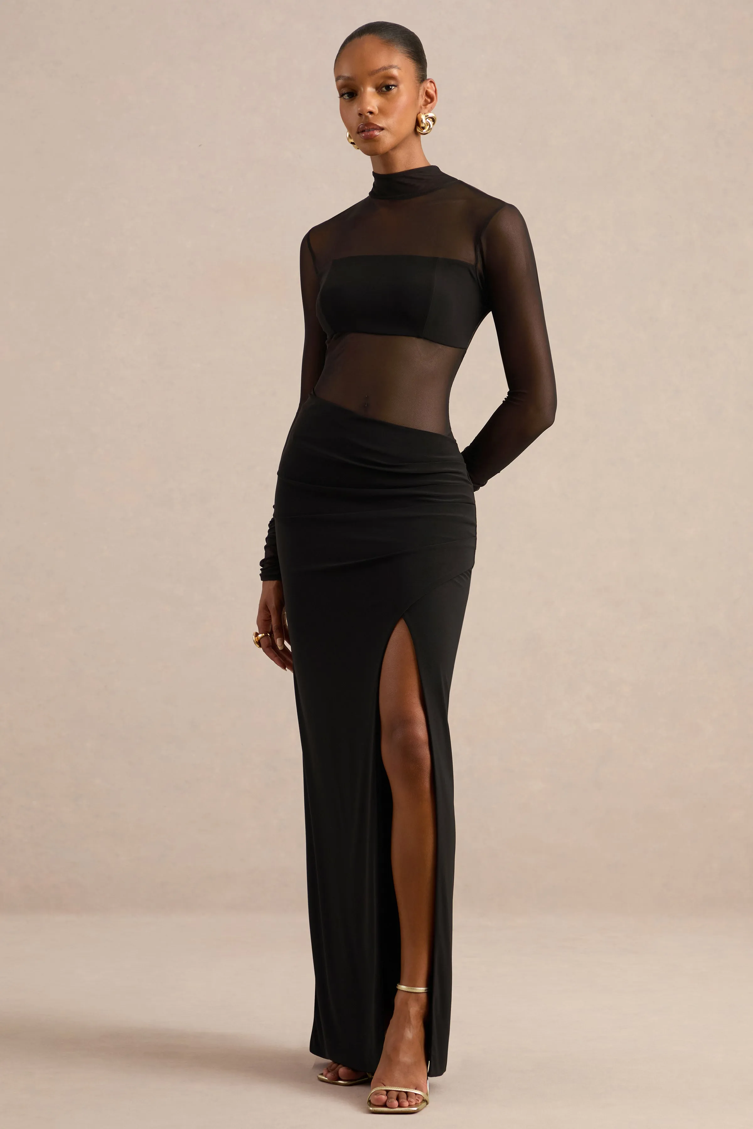 Asaira | Black Jersey High Neck Long Sleeve Maxi Dress With Sheer Detailing And Split sold by Club L London product image thumbnail 3