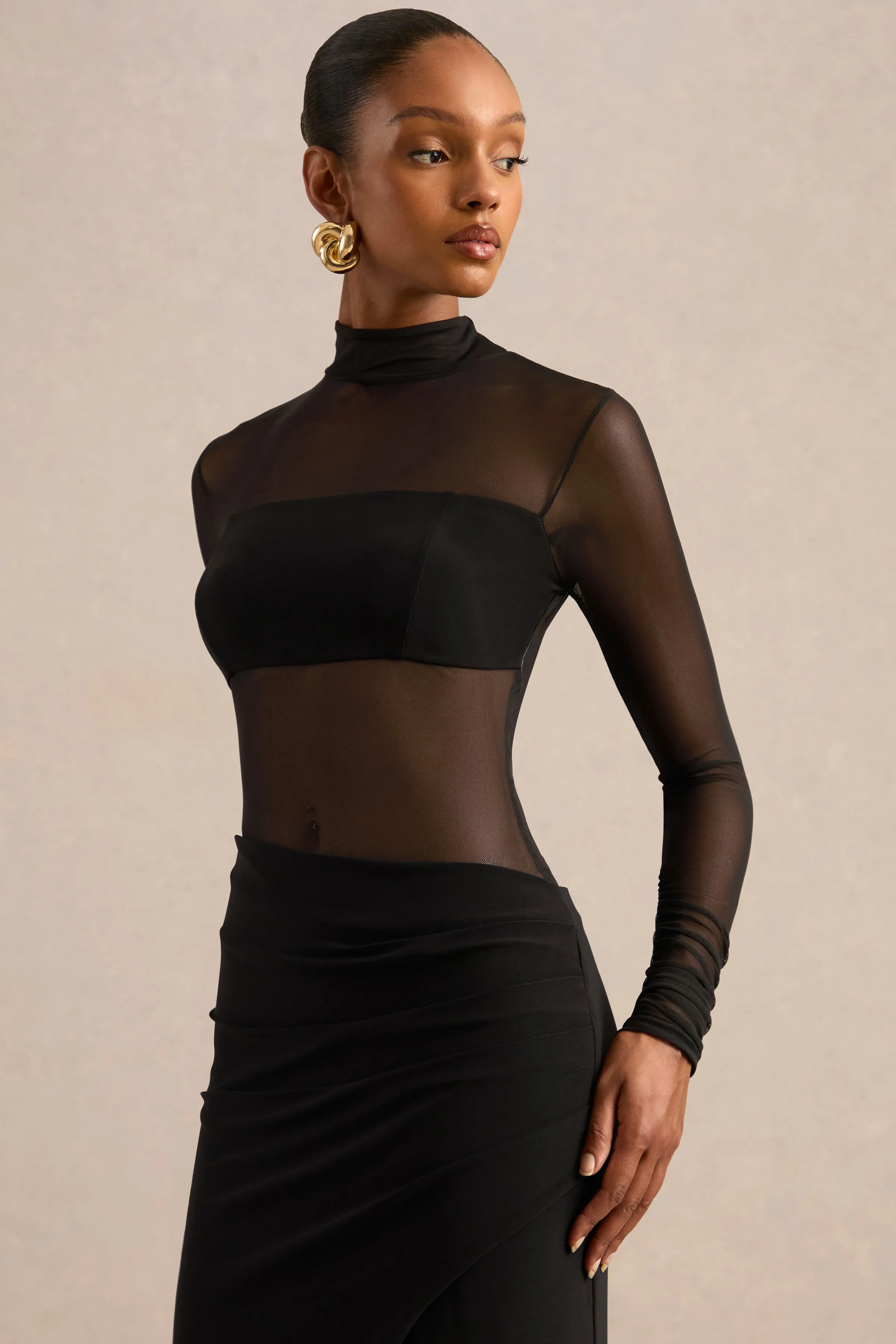 Asaira | Black Jersey High Neck Long Sleeve Maxi Dress With Sheer Detailing And Split sold by Club L London product image thumbnail 4