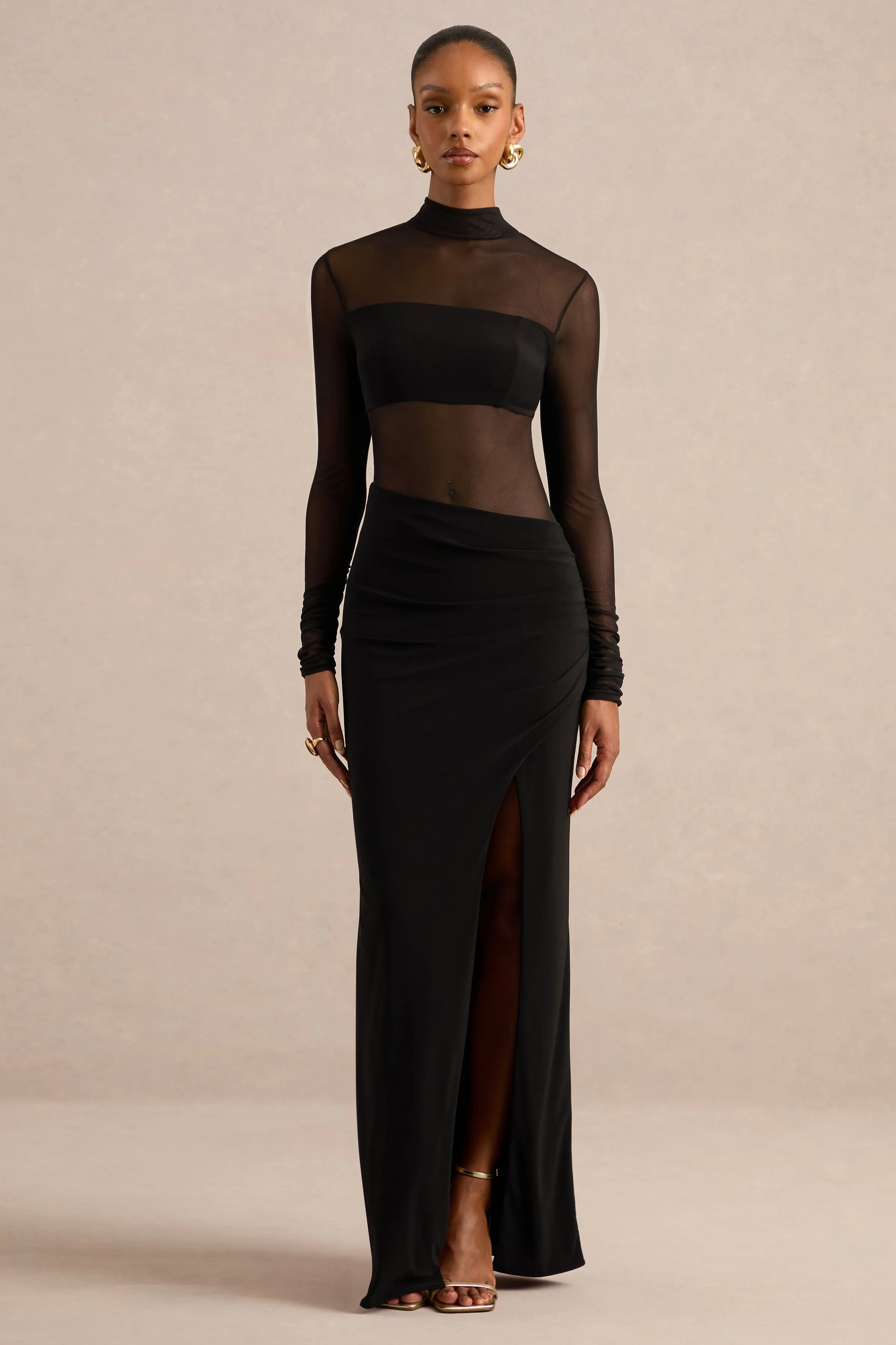 Asaira | Black Jersey High Neck Long Sleeve Maxi Dress With Sheer Detailing And Split sold by Club L London