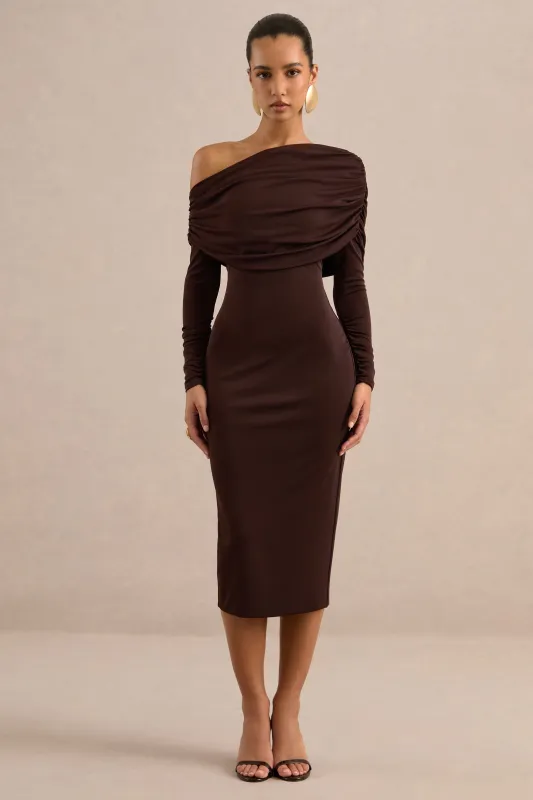 Evera | Dark Brown One Shoulder Long Sleeve Midi Dress With Ruching made by Club L London