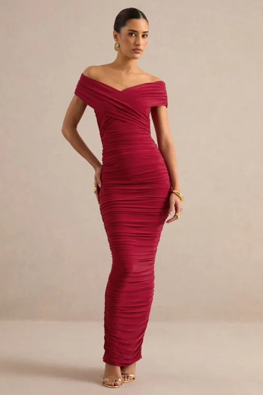 Evelora | Red Jersey Wrapped Bardot Short Sleeve Maxi Dress With Ruching made by Club L London