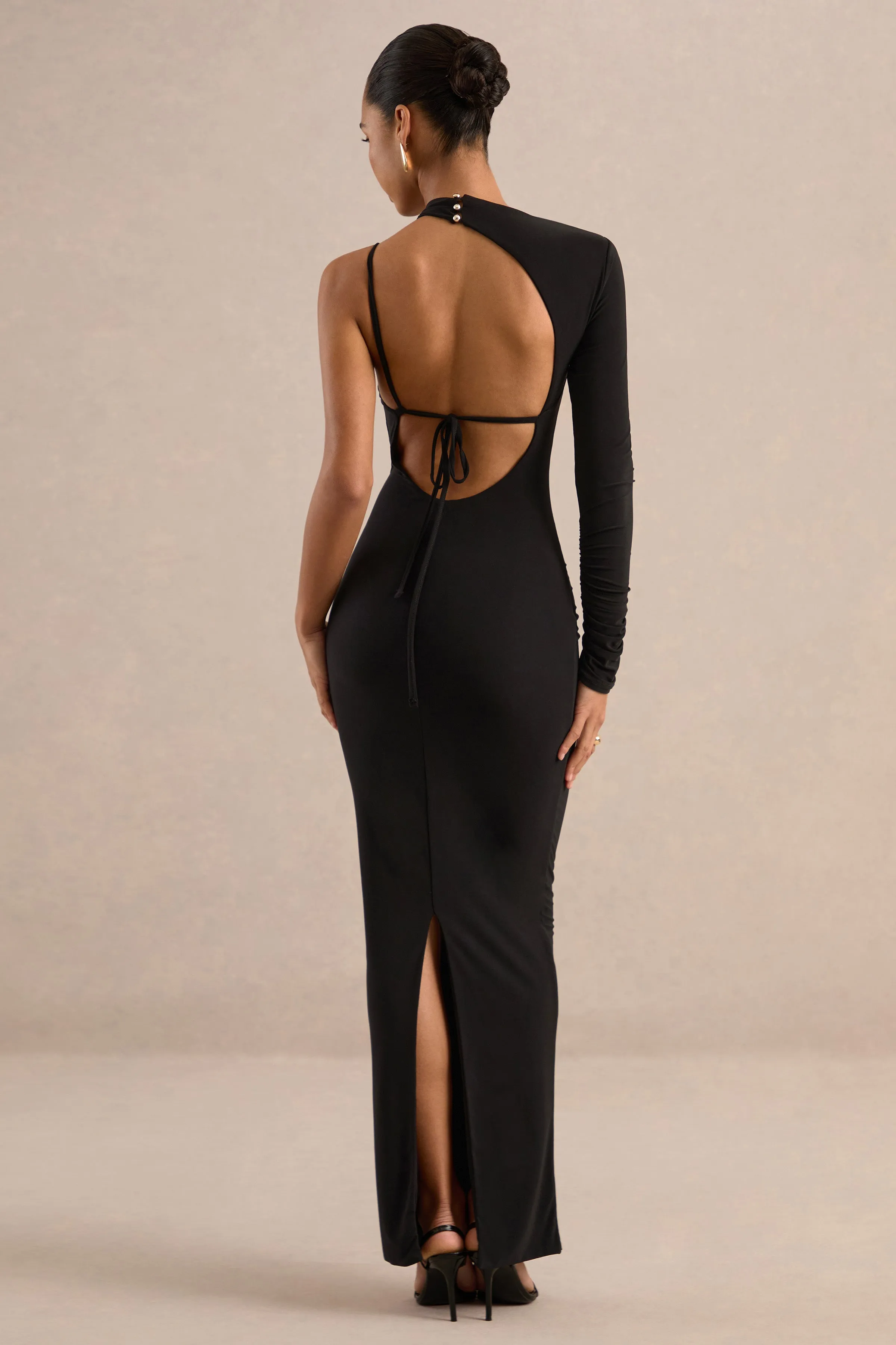 Inika | Black Jersey One Sleeve Maxi Dress With Backless Tie Detail sold by Club L London product image thumbnail 2