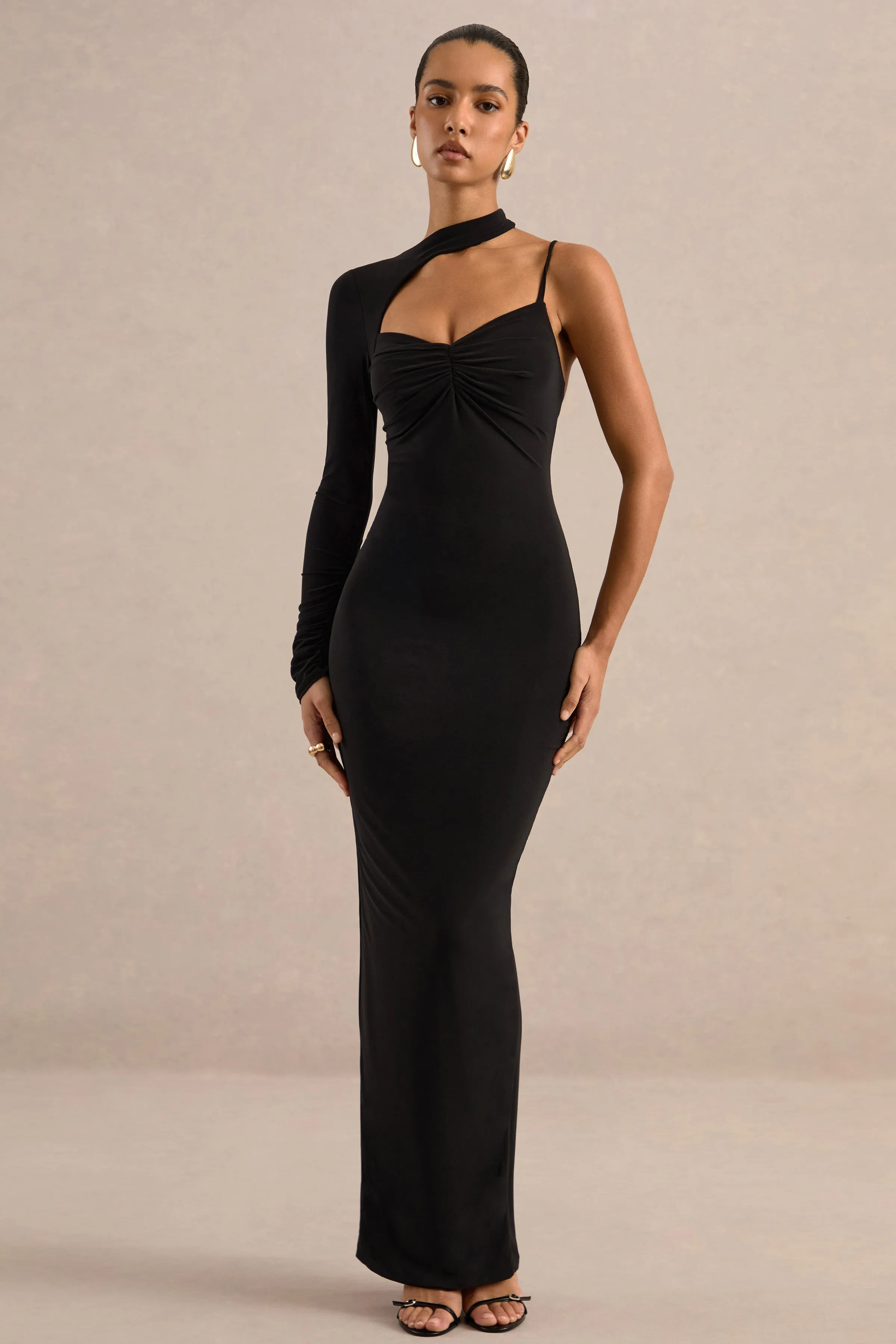 Inika | Black Jersey One Sleeve Maxi Dress With Backless Tie Detail sold by Club L London product image thumbnail 3