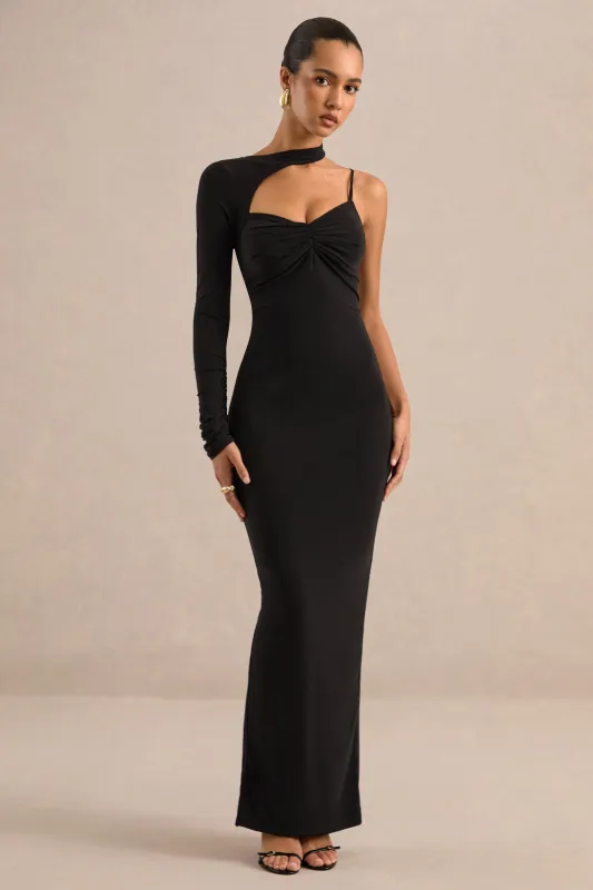 Inika | Black Jersey One Sleeve Maxi Dress With Backless Tie Detail made by Club L London