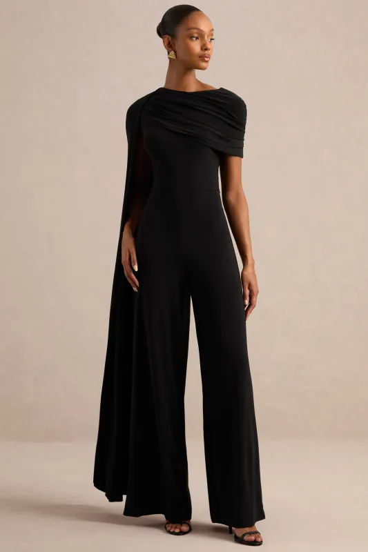 Emelisse | Black Jersey Round Neck Jumpsuit With Draped Detailing And Cape Sleeve made by Club L London