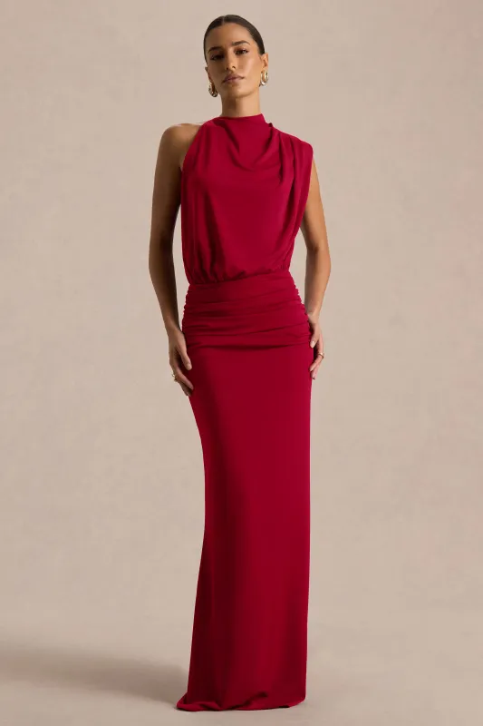 Umaira | Red Ruched High Neck Maxi Dress With Draped Detailing made by Club L London