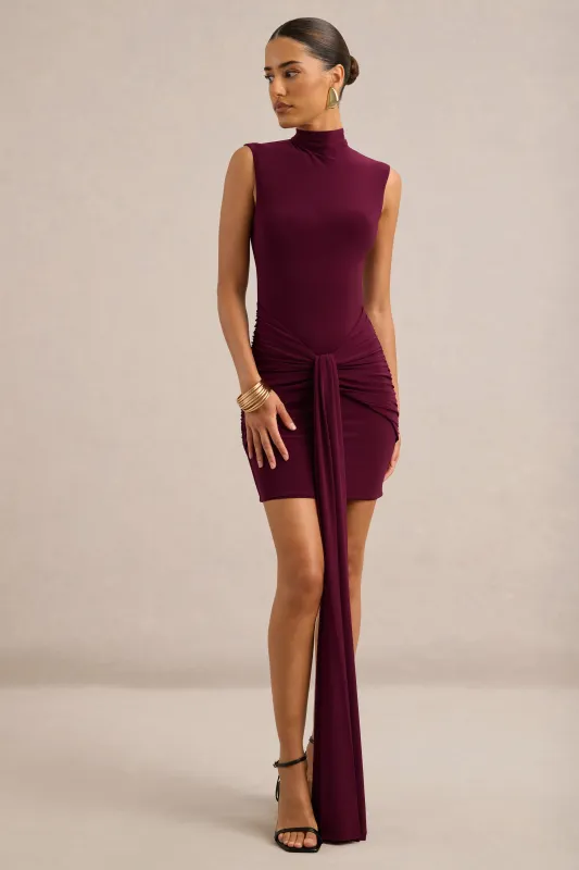 Alysia | Burgundy Jersey High Neck Mini Dress With Ruching And Sash made by Club L London