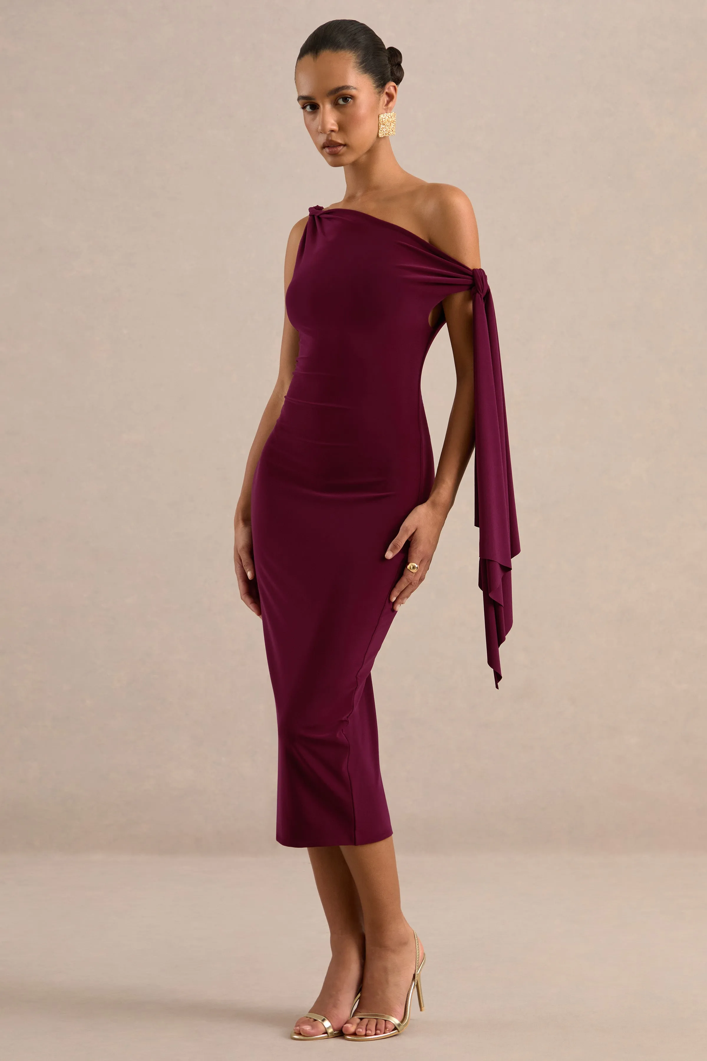 Arcelia | Burgundy Jersey One Shoulder Midi Dress With Twist And Knot Sash Detailing sold by Club L London product image thumbnail 3