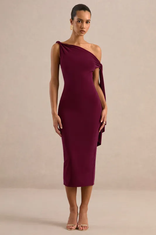 Arcelia | Burgundy Jersey One Shoulder Midi Dress With Twist And Knot Sash Detailing made by Club L London