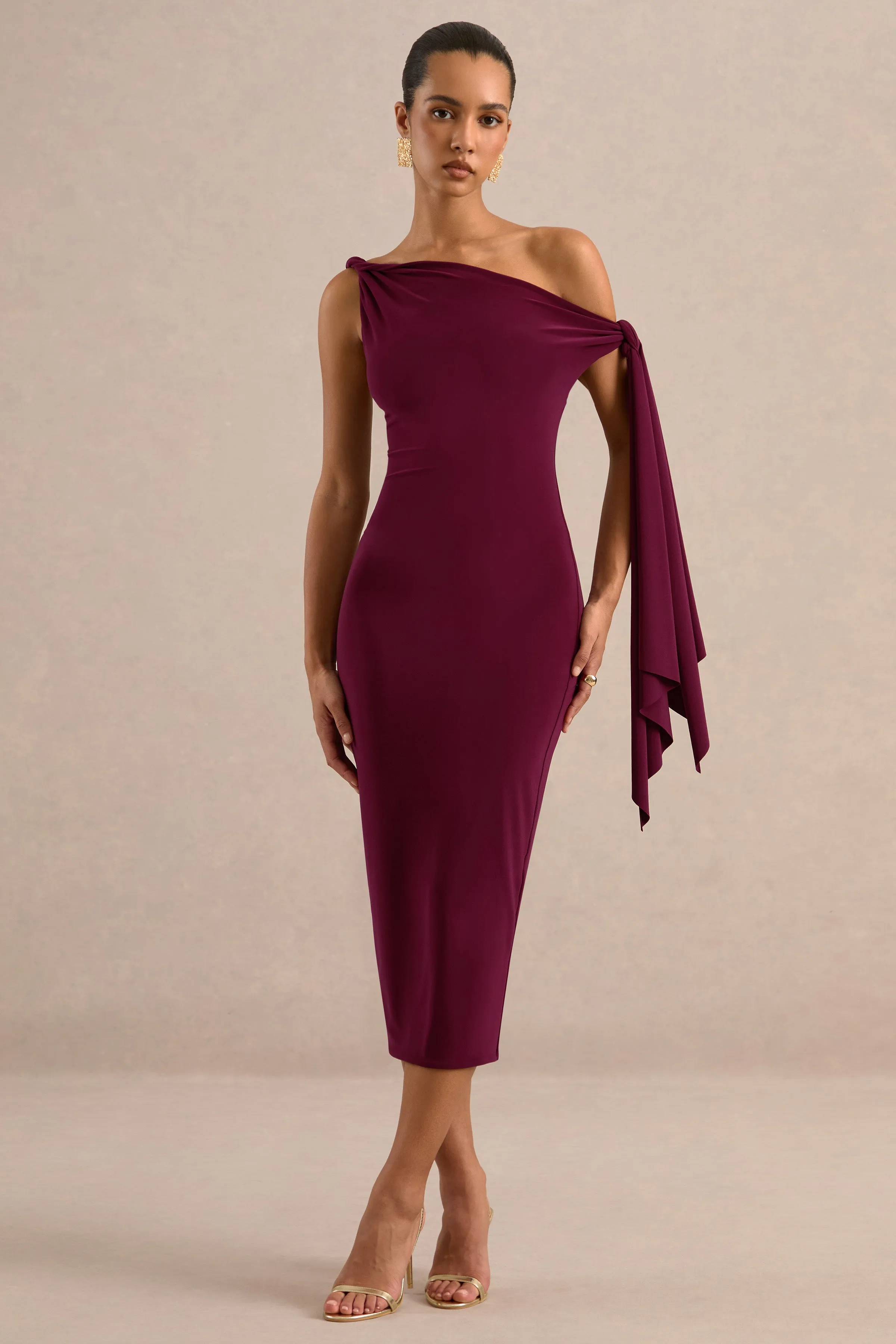 Arcelia | Burgundy Jersey One Shoulder Midi Dress With Twist And Knot Sash Detailing sold by Club L London product image thumbnail 5