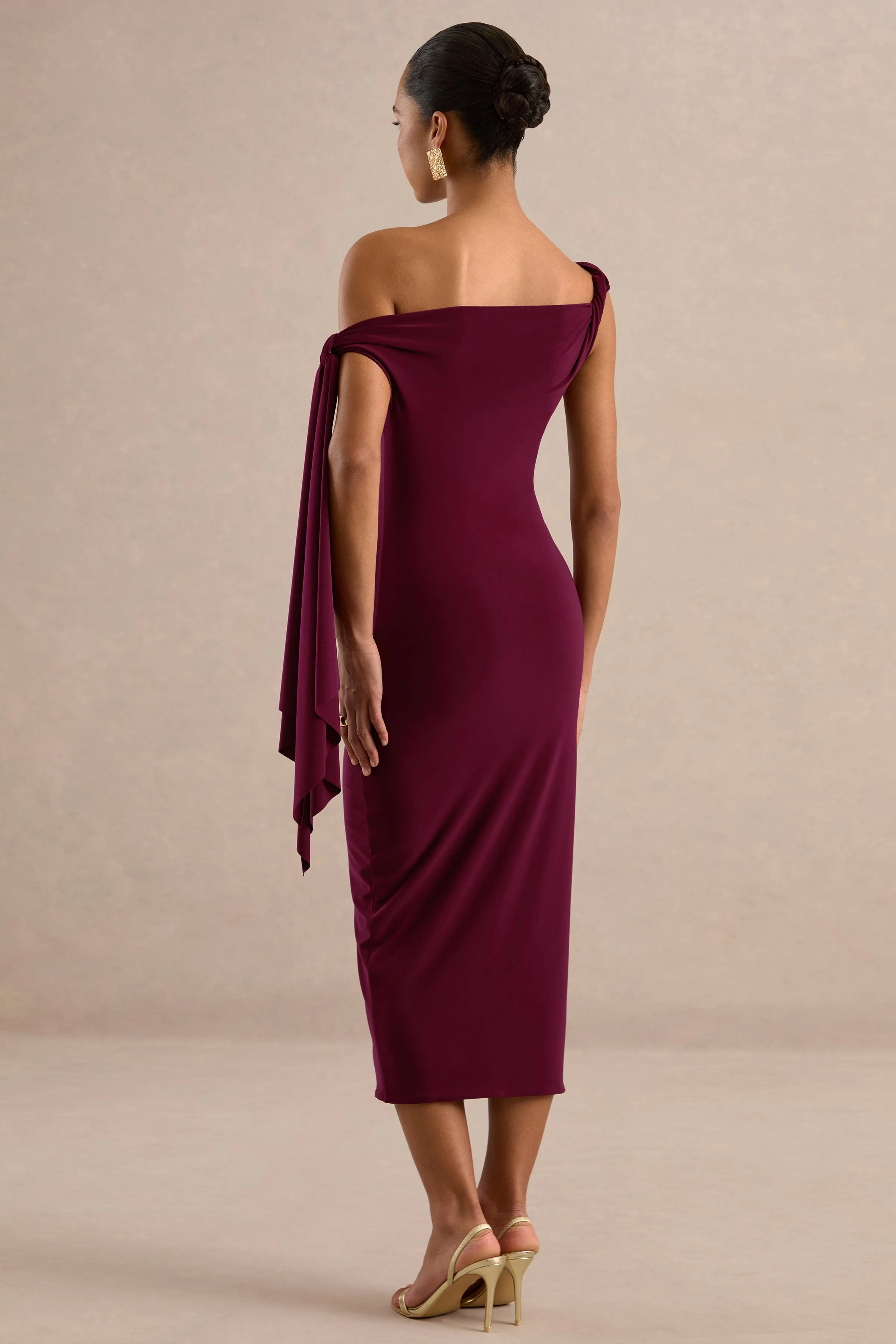 Arcelia | Burgundy Jersey One Shoulder Midi Dress With Twist And Knot Sash Detailing sold by Club L London product image thumbnail 2