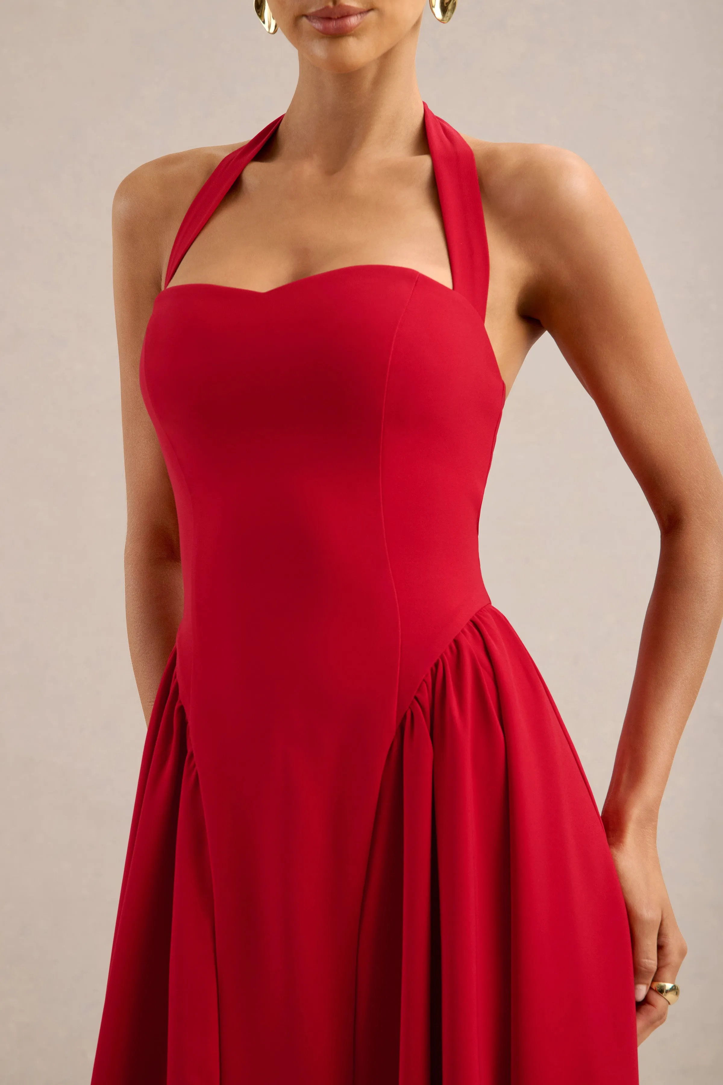 Meriellea | Red Sweetheart A-Line Midi Dress With Gathered Detailing And Tie Back sold by Club L London product image thumbnail 3