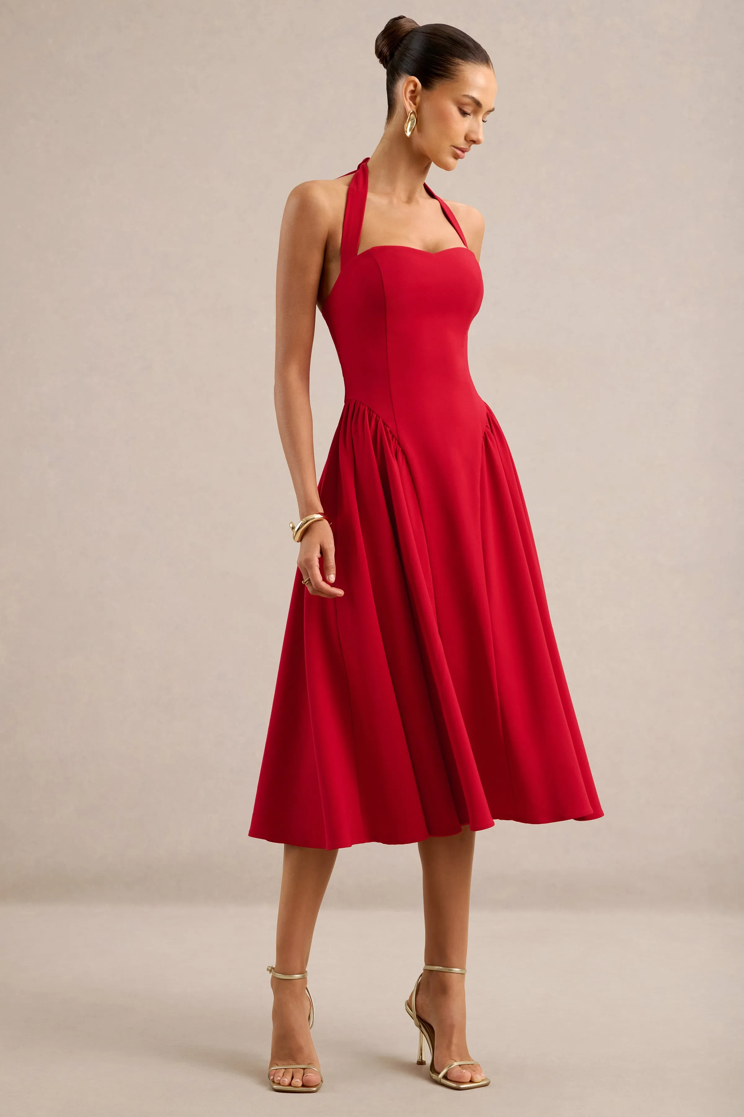 Meriellea | Red Sweetheart A-Line Midi Dress With Gathered Detailing And Tie Back sold by Club L London product image thumbnail 5