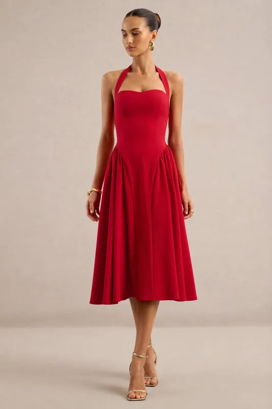 Meriellea | Red Sweetheart A-Line Midi Dress With Gathered Detailing And Tie Back made by Club L London